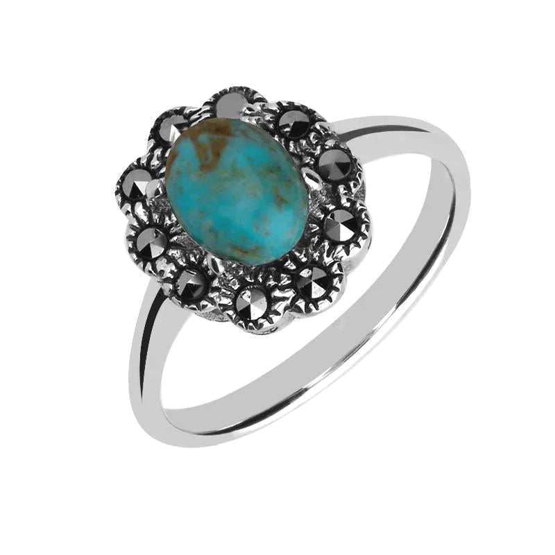 Sterling Silver Turquoise Marcasite Domed Oval Beaded Edge Ring