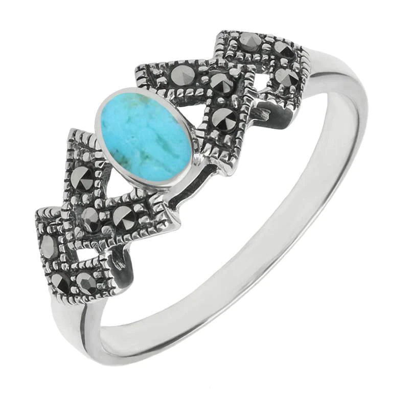 Sterling Silver Turquoise Marcasite Oval Triangle Ring