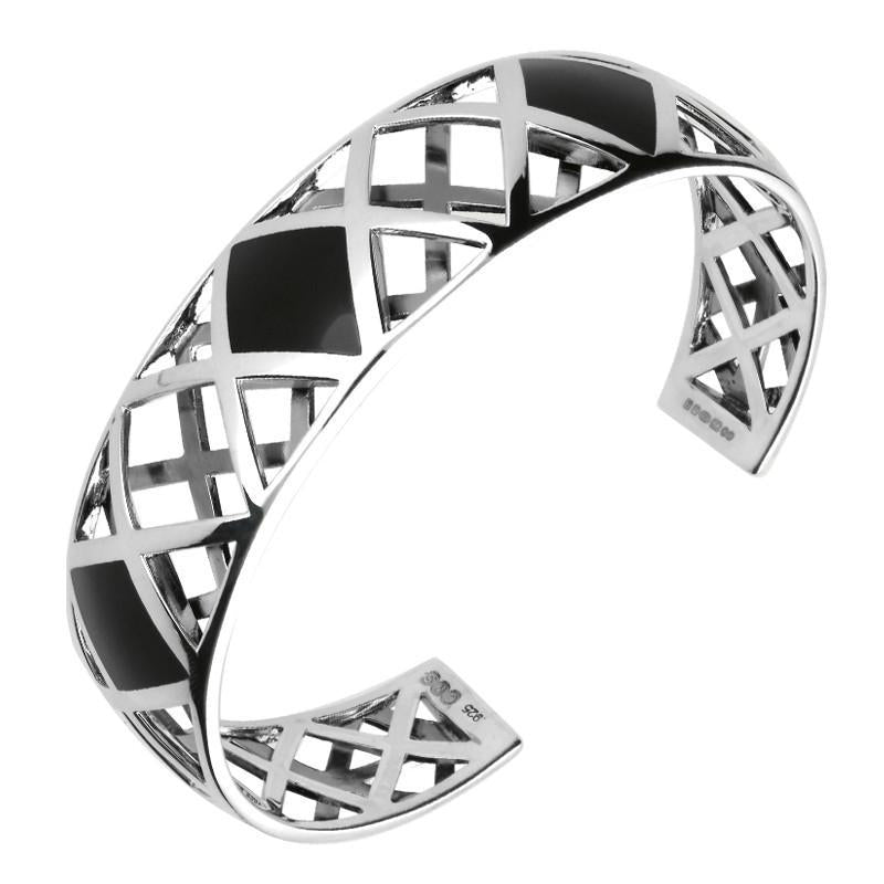 Sterling Silver Whitby Jet Curved Geometric Bangle