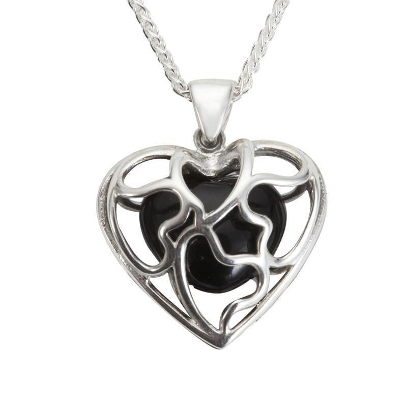 Sterling Silver Whitby Jet Heart Heritage Cage Necklace