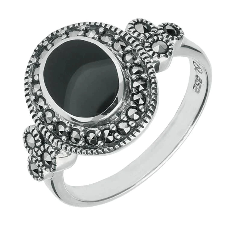 Sterling Silver Whitby Jet Marcasite Oval Beaded Edge Ring