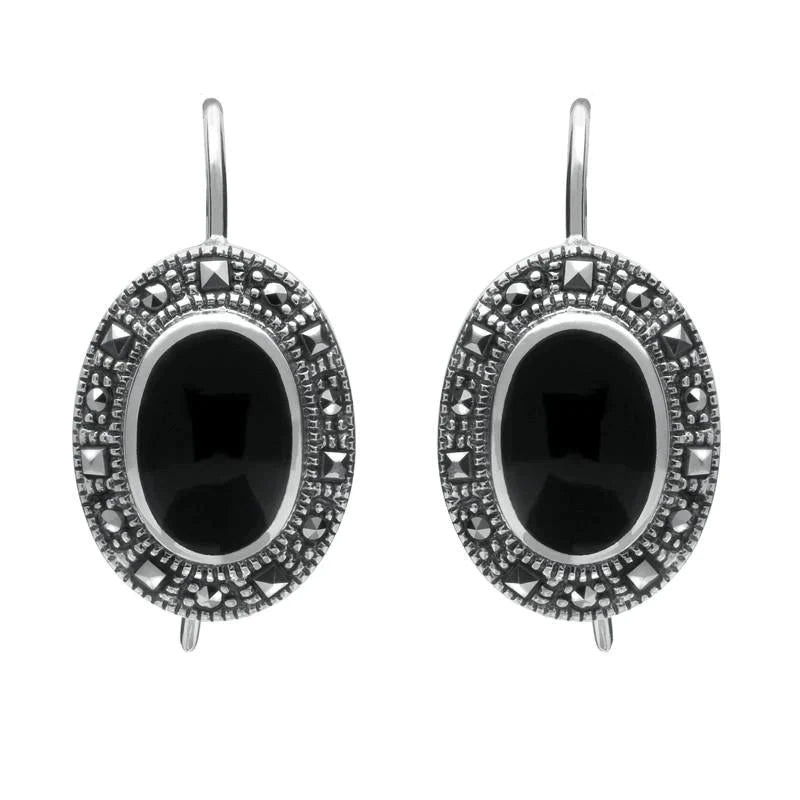 Sterling Silver Whitby Jet Marcasite Oval Drop Earrings