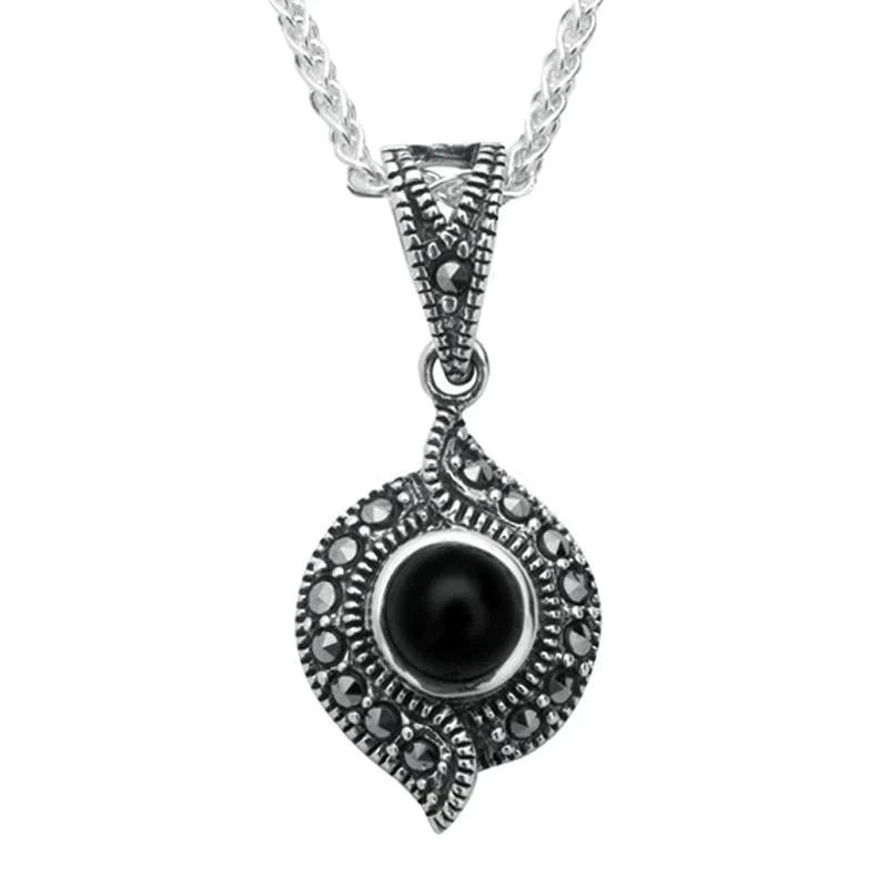 Sterling Silver Whitby Jet Marcasite Twisted Round Pendant Necklace