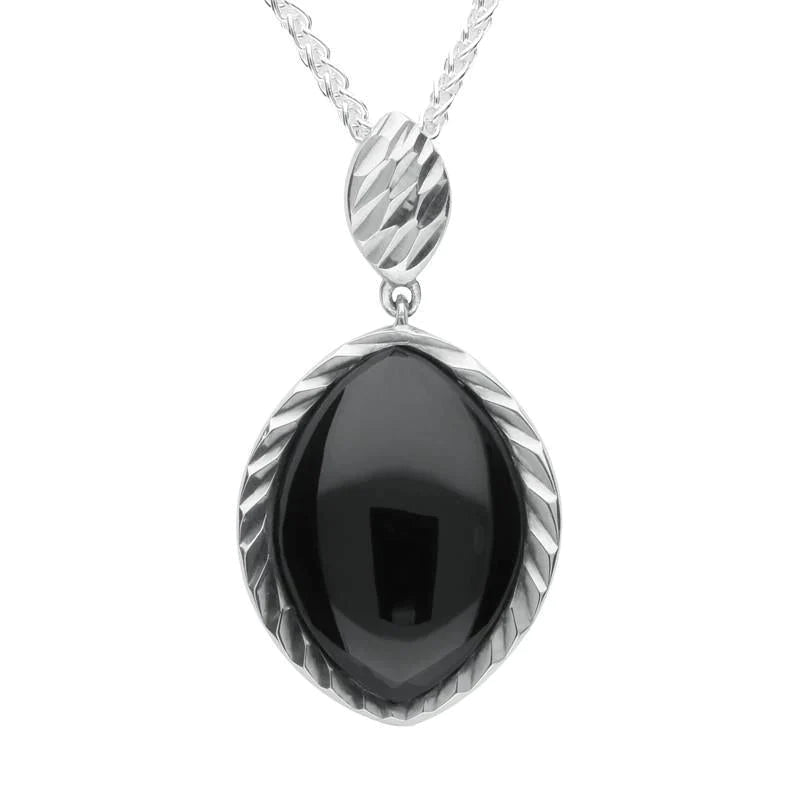 Sterling Silver Whitby Jet Marquise Diamond Cut Pendant Necklace