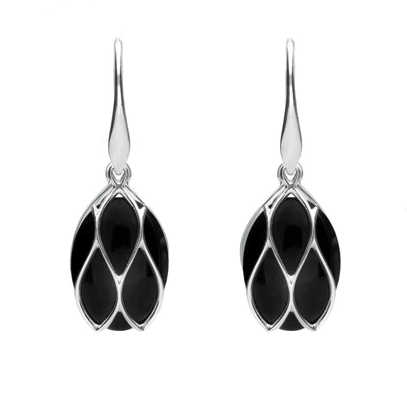 Sterling Silver Whitby Jet Oval Caged Drop Earrings