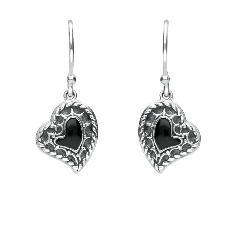 Sterling Silver Whitby Jet Oxidised Heart Drop Earrings