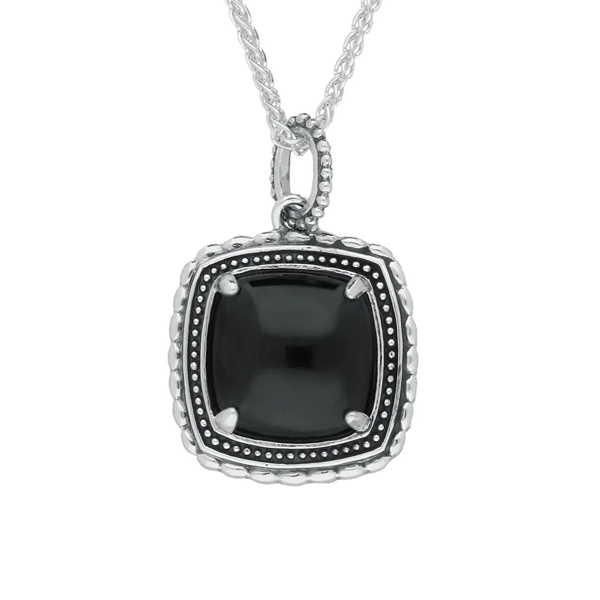 Sterling Silver Whitby Jet Oxidised Square Pattern Necklace