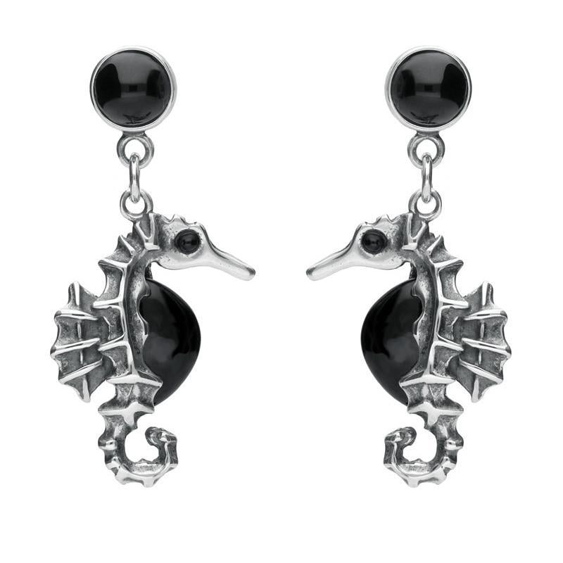 Sterling Silver Whitby Jet Seahorse Drop Earrings