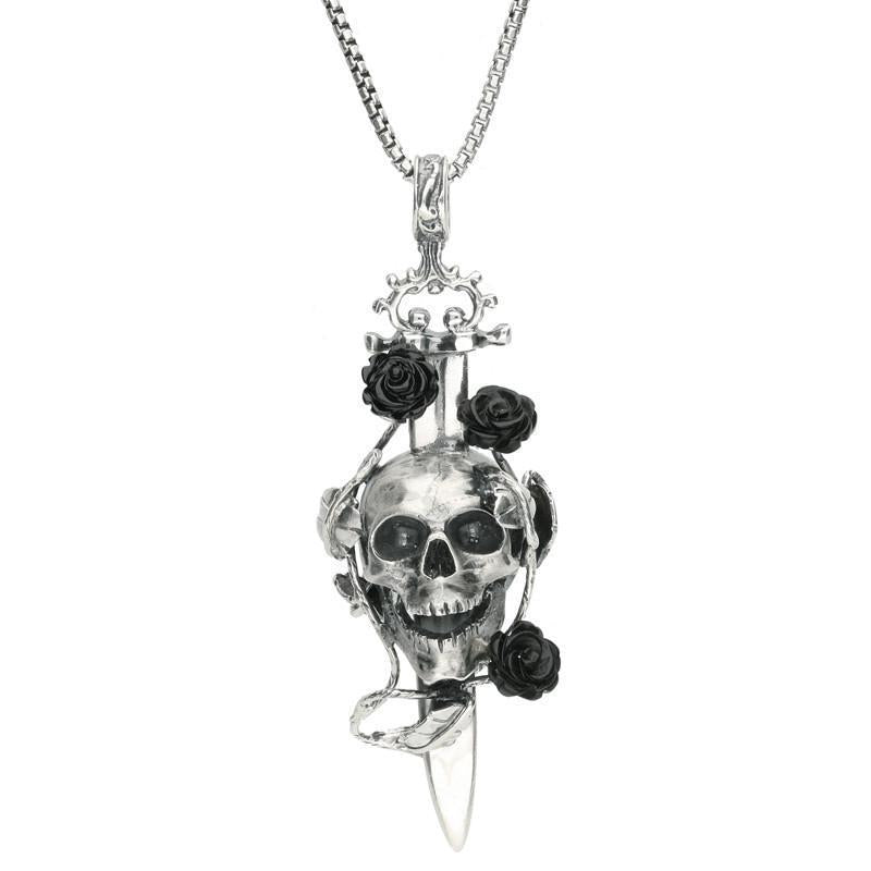 Sterling Silver Whitby Jet Skull Dagger Rose Necklace