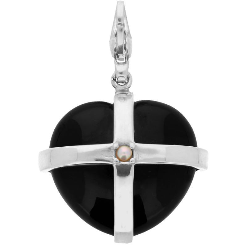 Sterling Silver Whitby Jet and Single Pearl Large Cross Heart Charm