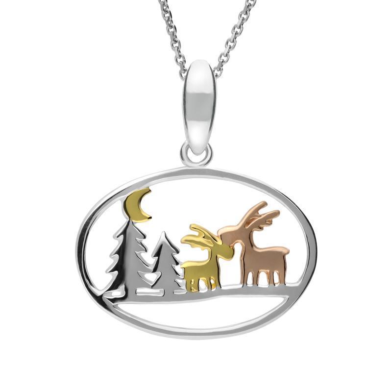 Yellow Rose Sterling Silver Plated Plated Reindeer and Trees Necklace