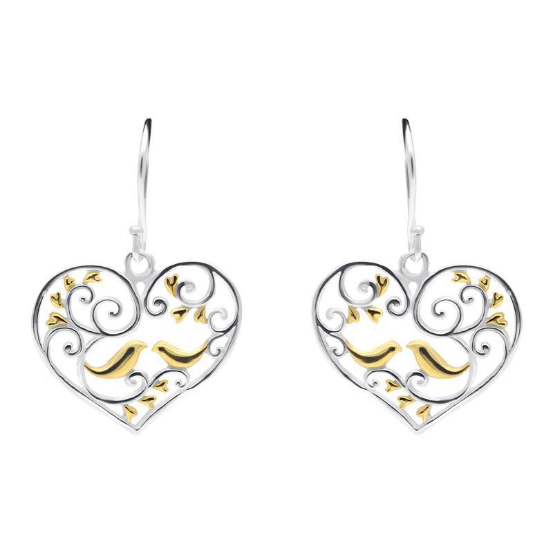 Yellow Gold Sterling Silver Plated Bird and Vine Open Heart Hook Earrings