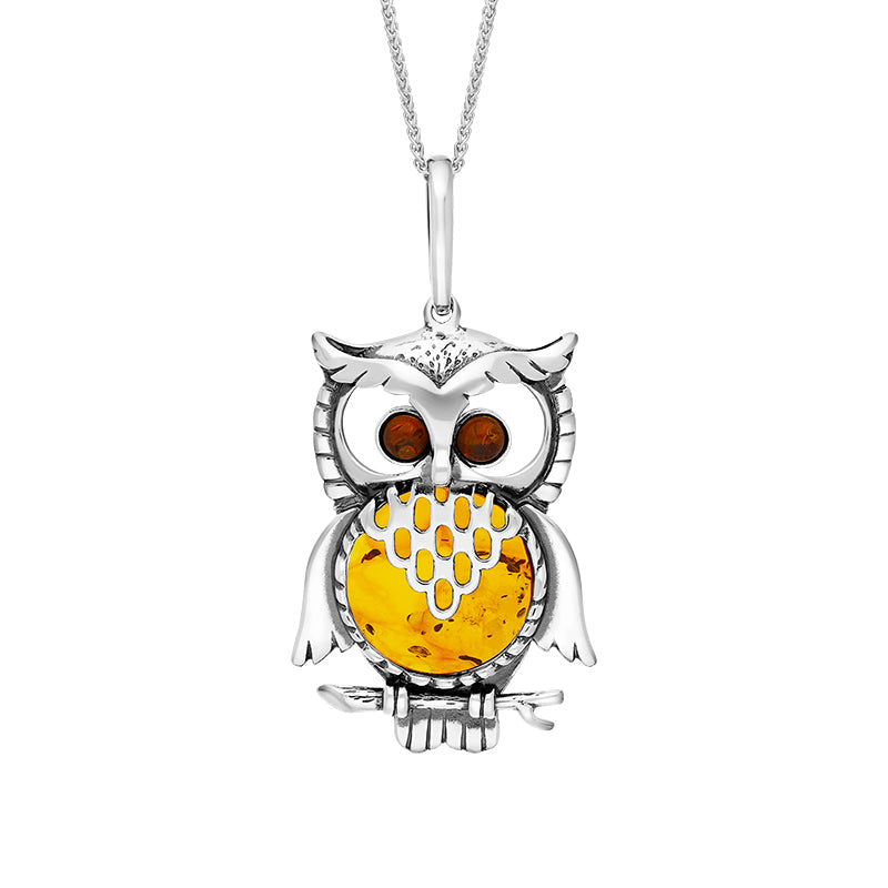 Sterling Silver Amber Large Owl Necklace
