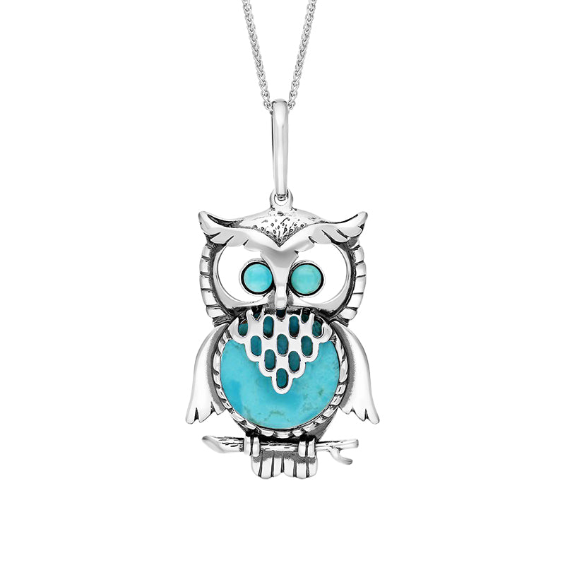 Sterling Silver Turquoise Large Owl On Branch Necklace