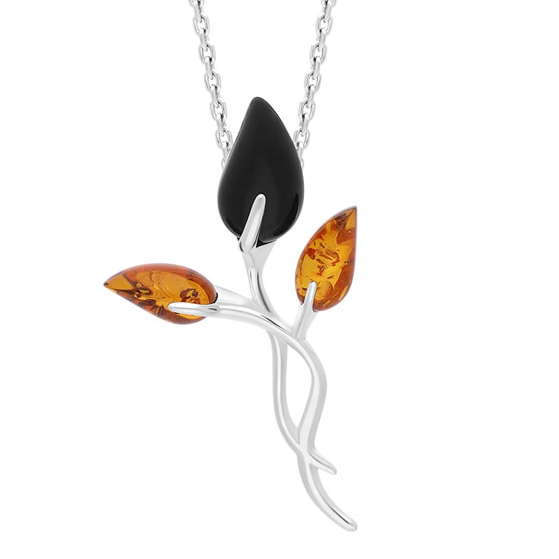 Sterling Silver Whitby Jet Amber Triple Stem Leaf Necklace