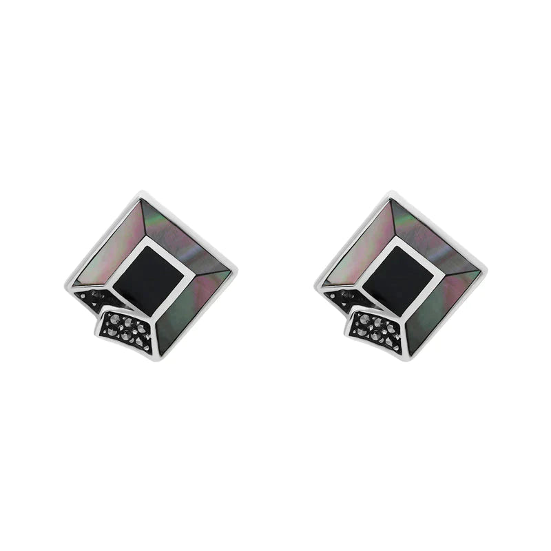 Sterling Silver Whitby Jet Dark Mother of Pearl Marcasite Stud Earrings D