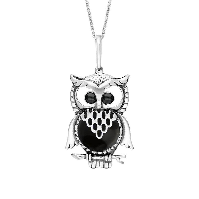 Sterling Silver Whitby Jet Large Owl Necklace