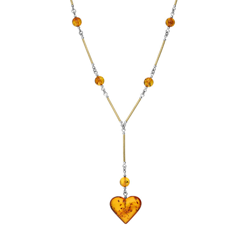 Sterling Silver Gold Plated Amber Bar Beaded Heart Necklace D