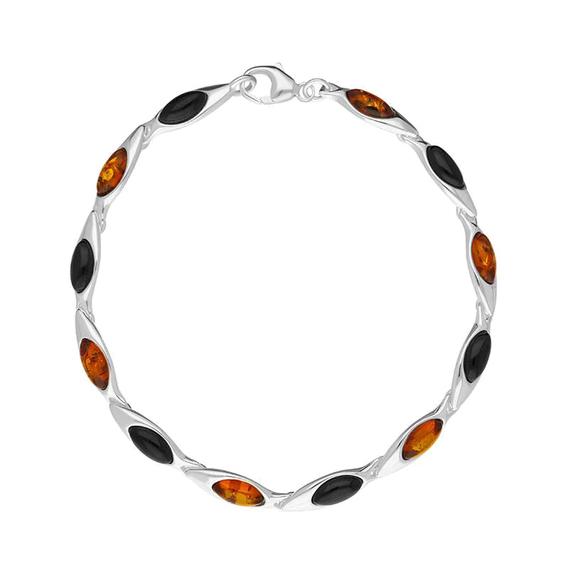 Sterling Silver Baltic Amber Whitby Jet Marquise Link Bracelet
