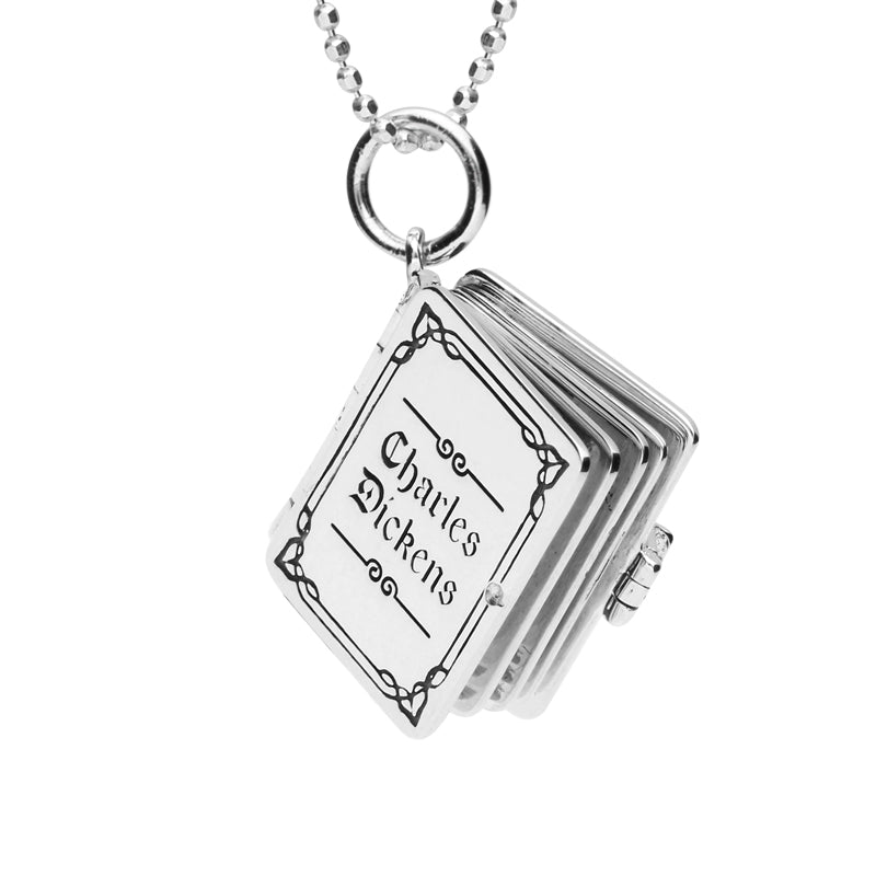 Sterling Silver Charles Dickens Christmas Hinged Book With Pages Charm Necklace