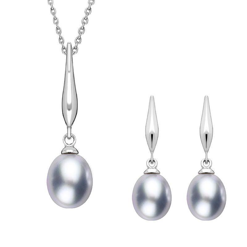 Sterling Silver Grey Freshwater Pearl Drop Two Piece Set