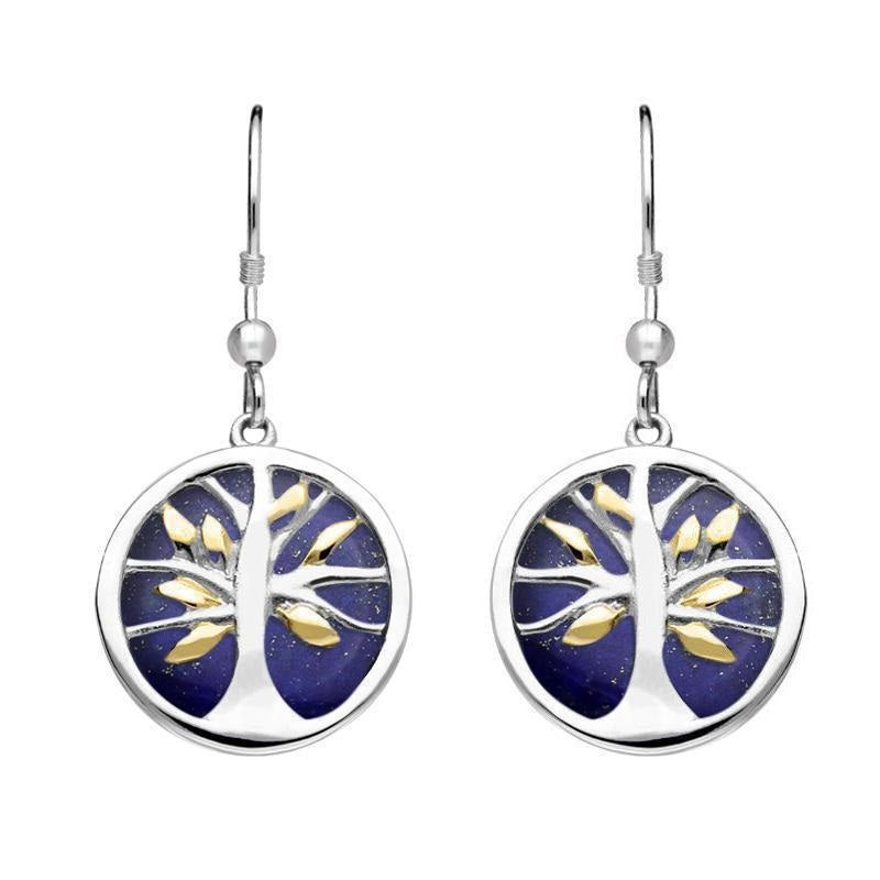 Sterling Silver Gold Plate Lapis Lazuli Round Tree of Life Drop Earrings