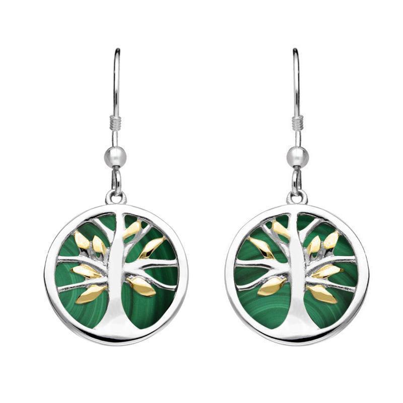 Sterling Silver Gold Plate Malachite Round Tree of Life Drop Earrings
