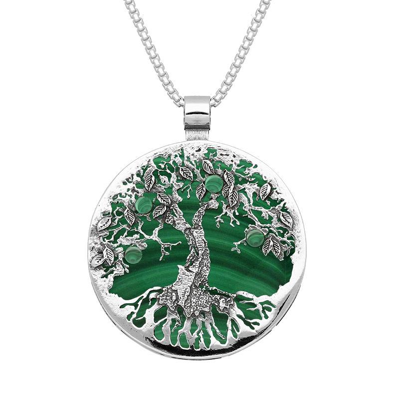 Sterling Silver Malachite Large Round Tree Of Life Necklace