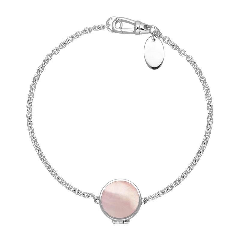Sterling Silver Pink Mother of Pearl Round Locket Chain Bracelet