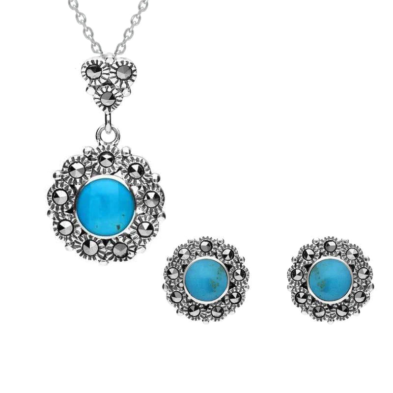 Sterling Silver Turquoise Marcasite Round Beaded Two Piece Set