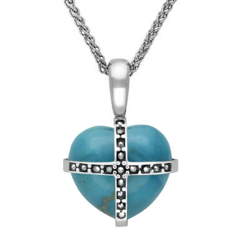 Sterling Silver Turquoise Marcasite Small Cross Heart Necklace