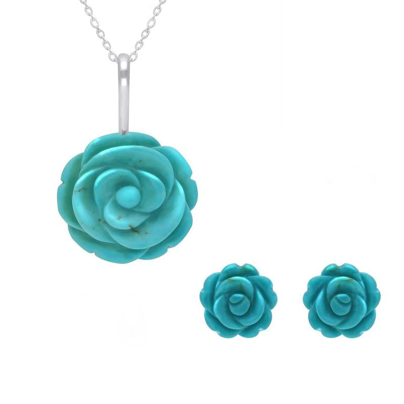 Sterling Silver Turquoise Tuberose 20mm Rose Two Piece Set