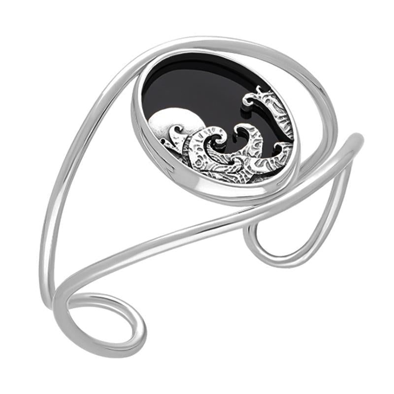 Sterling Silver Whitby Jet Gothic Moon and Wave Cuff Bangle