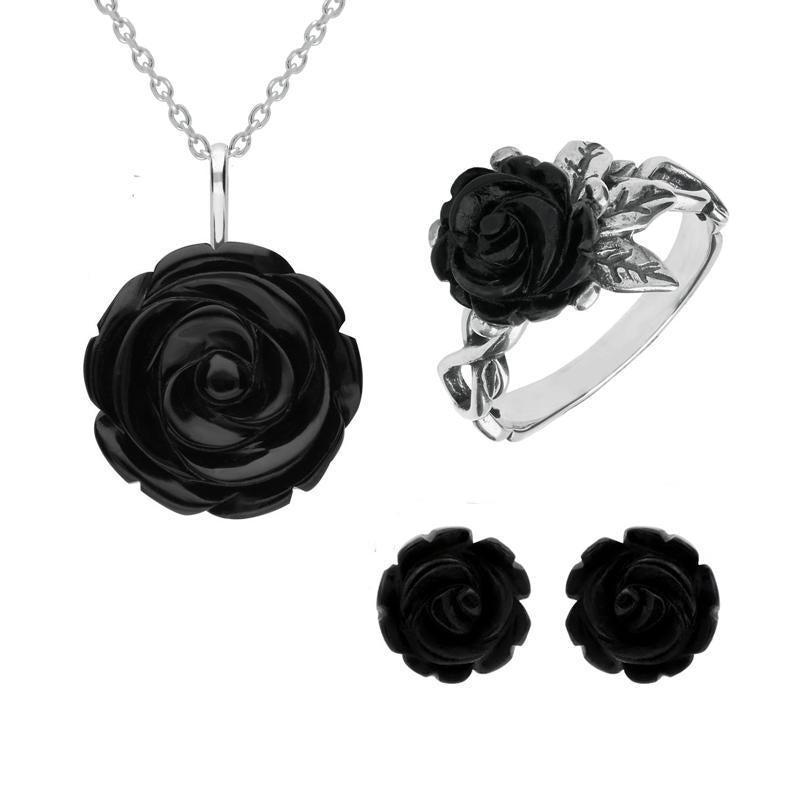 Sterling Silver Whitby Jet Tuberose Carved Rose Three Piece Set