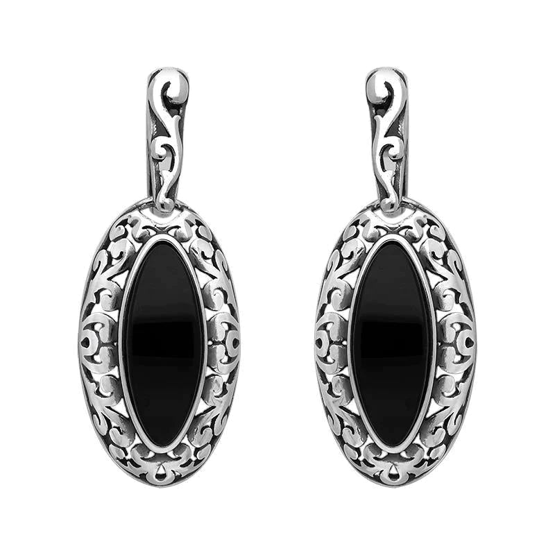 Sterling Silver Whitby Jet Marquise Pierced Frame Earrings