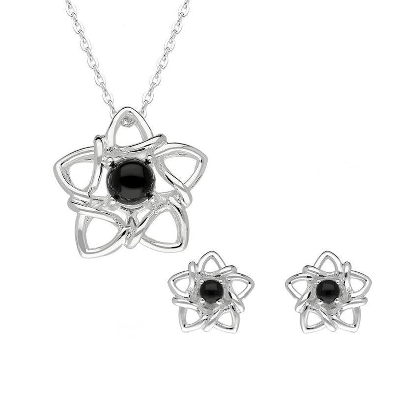 Sterling Silver Whitby Jet Open Star Flower Two Piece Set