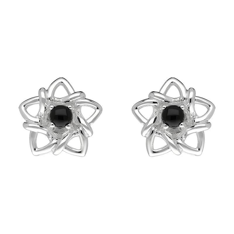 Sterling Silver Whitby Jet Open Star Flower Stud Earrings