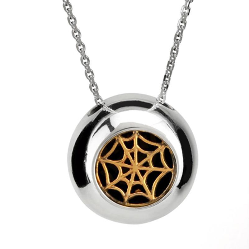 Sterling Silver 9ct Yellow Gold Whitby Jet Round Gothic Web Necklace