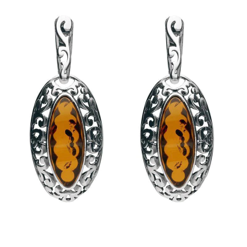 Sterling Silver Amber Ornate Edge Oval Drop Earrings