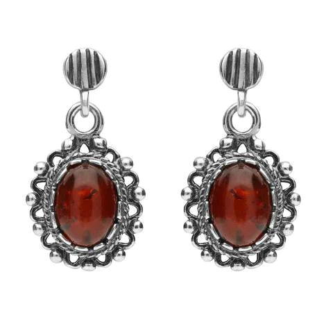 Sterling Silver Amber Oval Ornate Edge Drop Earrings