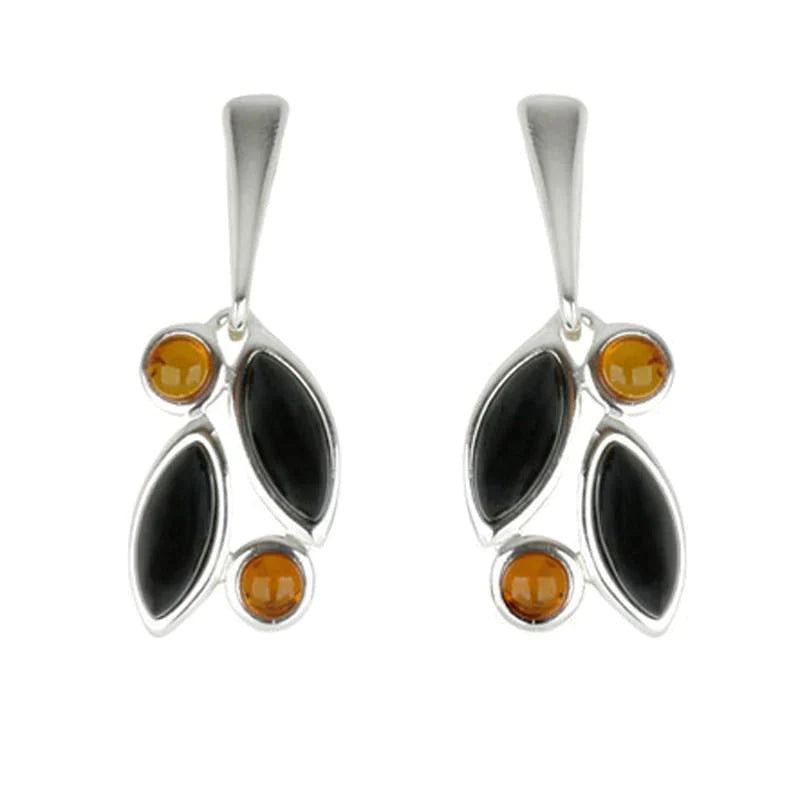 Sterling Silver Baltic Amber Whitby Jet Drop Stud Earrings