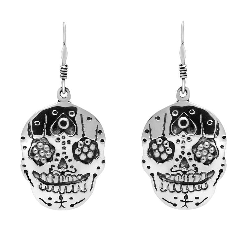 Sterling Silver Day of the Dead Skull Hook Earrings