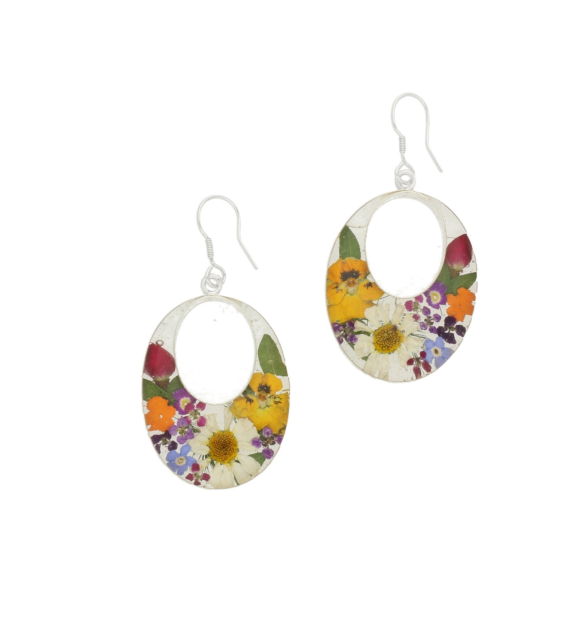 Sterling Silver Floral Bright Petal Double Oval Drop Earrings