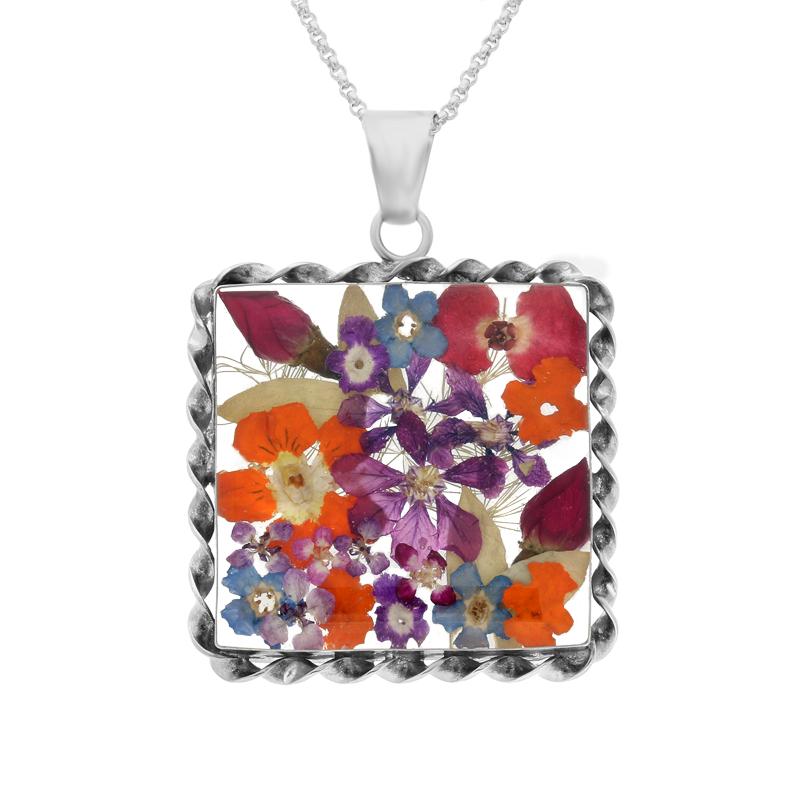 Sterling Silver Floral Bright Petal Large Square Necklace