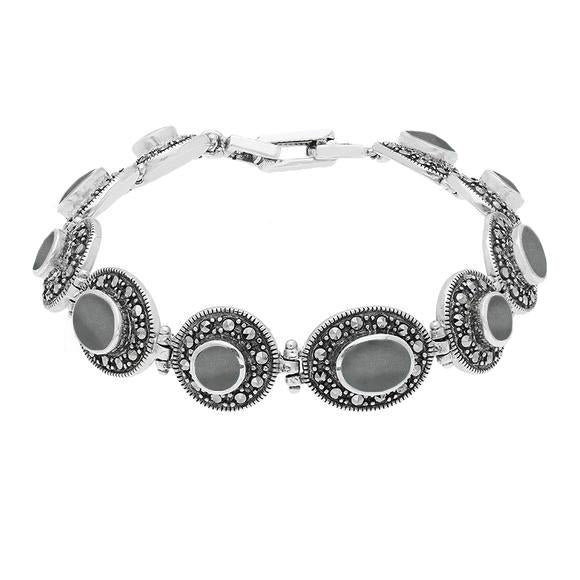 Sterling Silver Hematite Marcasite Oval Link Bracelet