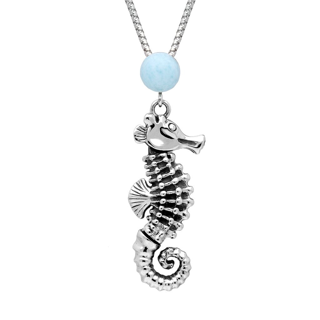 Sterling Silver Larimar Small Seahorse Stone Top Necklace