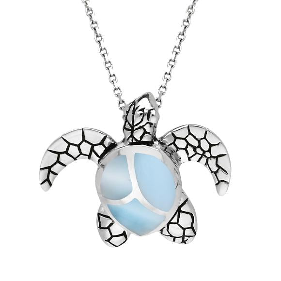 Sterling Silver Larimar Small Three Stone Turtle Necklace