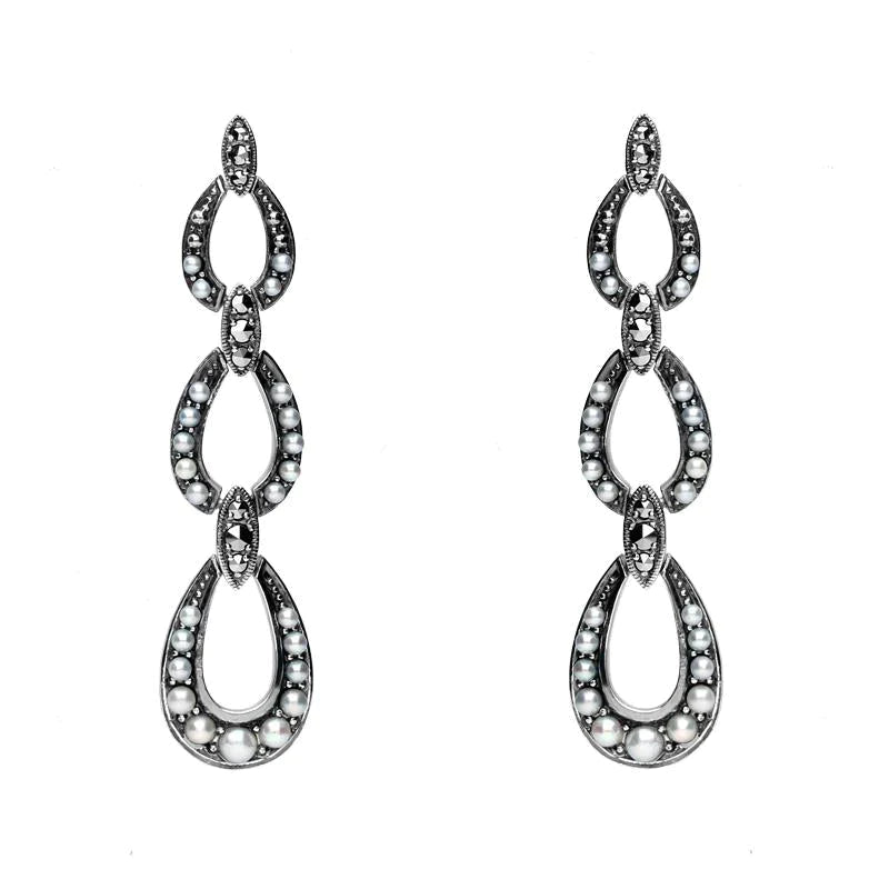 Sterling Silver Pearl and Marcasite Triple Open Oval Drop Earrings