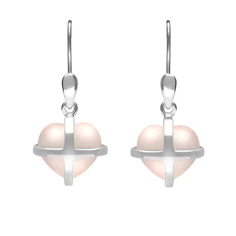 Sterling Silver Rose Quartz Small Cross Heart Drop Earrings