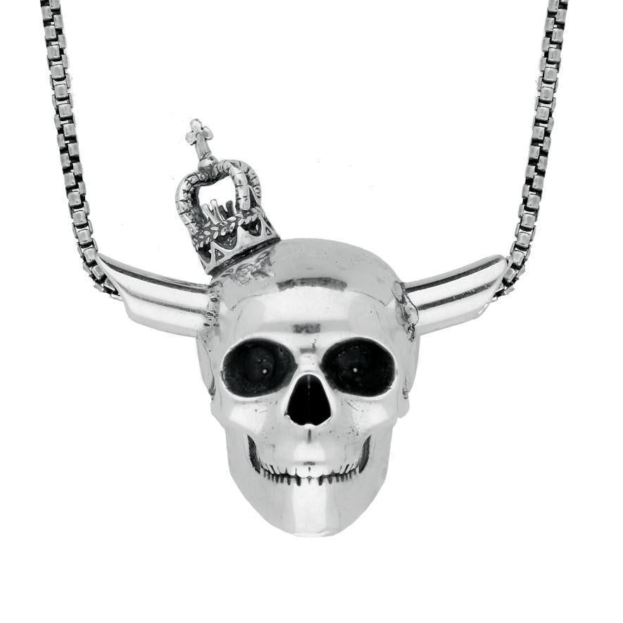 Sterling Silver Skull Horns Crown Necklace
